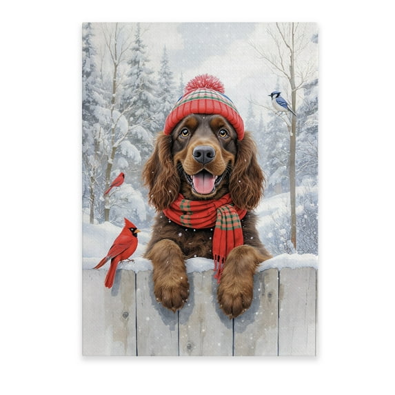 Playful Boykin Spaniel Welcomes Winter Snowy Day with Cardinal Bird Vertical Matte Canvas Poster Dog Lover Wall Art Home Decor - 2017