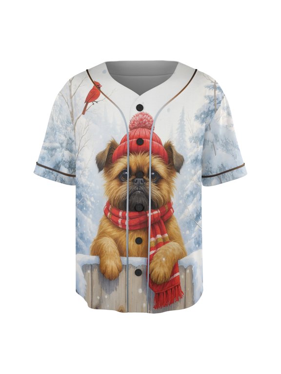 Playful Brussels Griffon Welcomes Winter Snowy Day with Cardinal Bird All Over Print 3D Baseball Shirt Griff Dog Lover Softball Sport - 2017