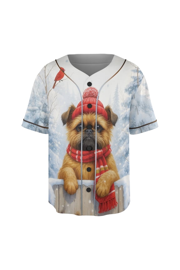 Playful Brussels Griffon Welcomes Winter Snowy Day with Cardinal Bird All Over Print 3D Baseball Shirt Griff Dog Lover Softball Sport - 2017