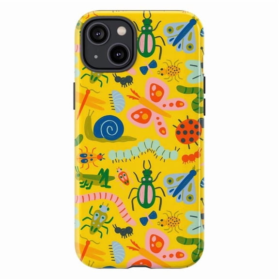 Playful Bug Garden Phone Case, Bright Yellow Insect and Butterfly Pattern iPhone Cover, Colorful Nature-Inspired Protective Case for iPhone 17 16 15 14 13 12 11 Plus Pro Max Mini