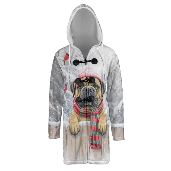 Playful Bullmastiff Welcomes Winter Snowy Day with Cardinal Bird All Over Print 3D Hooded Duffle Toggle Coat Dog Lover - 2017