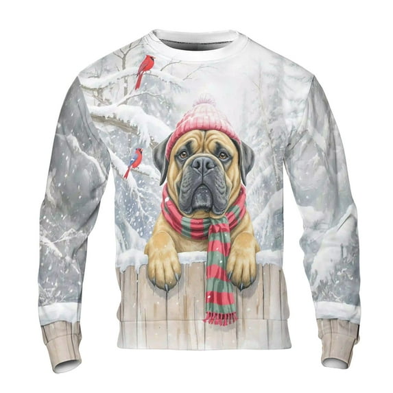 Playful Bullmastiff Welcomes Winter Snowy Day with Cardinal Bird All Over Print 3D Sweatshirt Unisex Merch Dog Lover - 2017