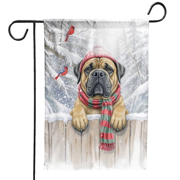 Playful Bullmastiff Welcomes Winter Snowy Day with Cardinal Bird Garden Flag 12x18in Double Sided Dog Lover Outdoor Decor - 2017