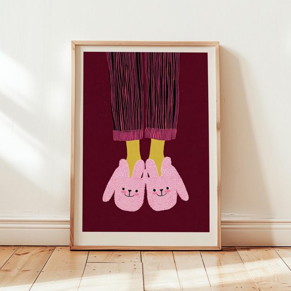 Playful Bunny Slippers Illustration Whimsical Folk Art Wall Art Cute Minimal Character Vintage