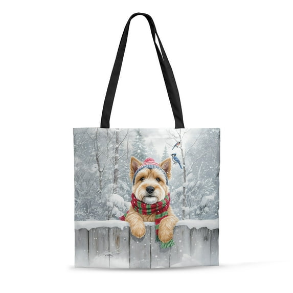 Playful Cairn Terrier Welcomes Winter Snowy Day with Cardinal Bird All Over Print 3D Canvas Tote Bag Cairns Dog Lover Reusable Handbag - 2017