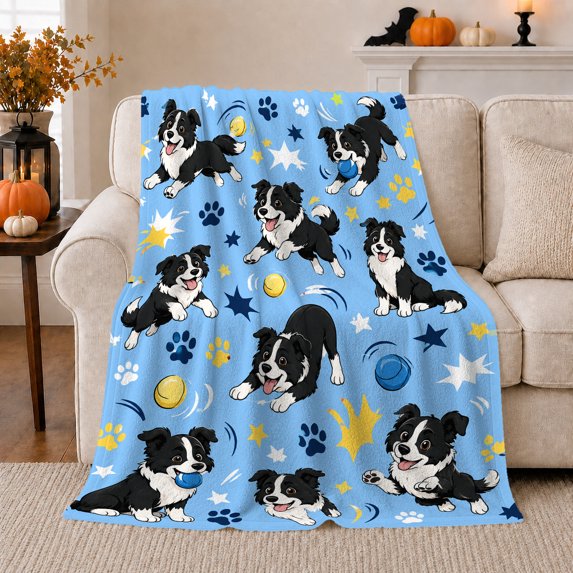 Playful Cartoon Border Collie Pattern, Playful Pet Portrait Pattern, Warm Flannel Blanket for Living Room and Bedroom, Dog Lovers Just Because Gift, Pet Lover Home Decor