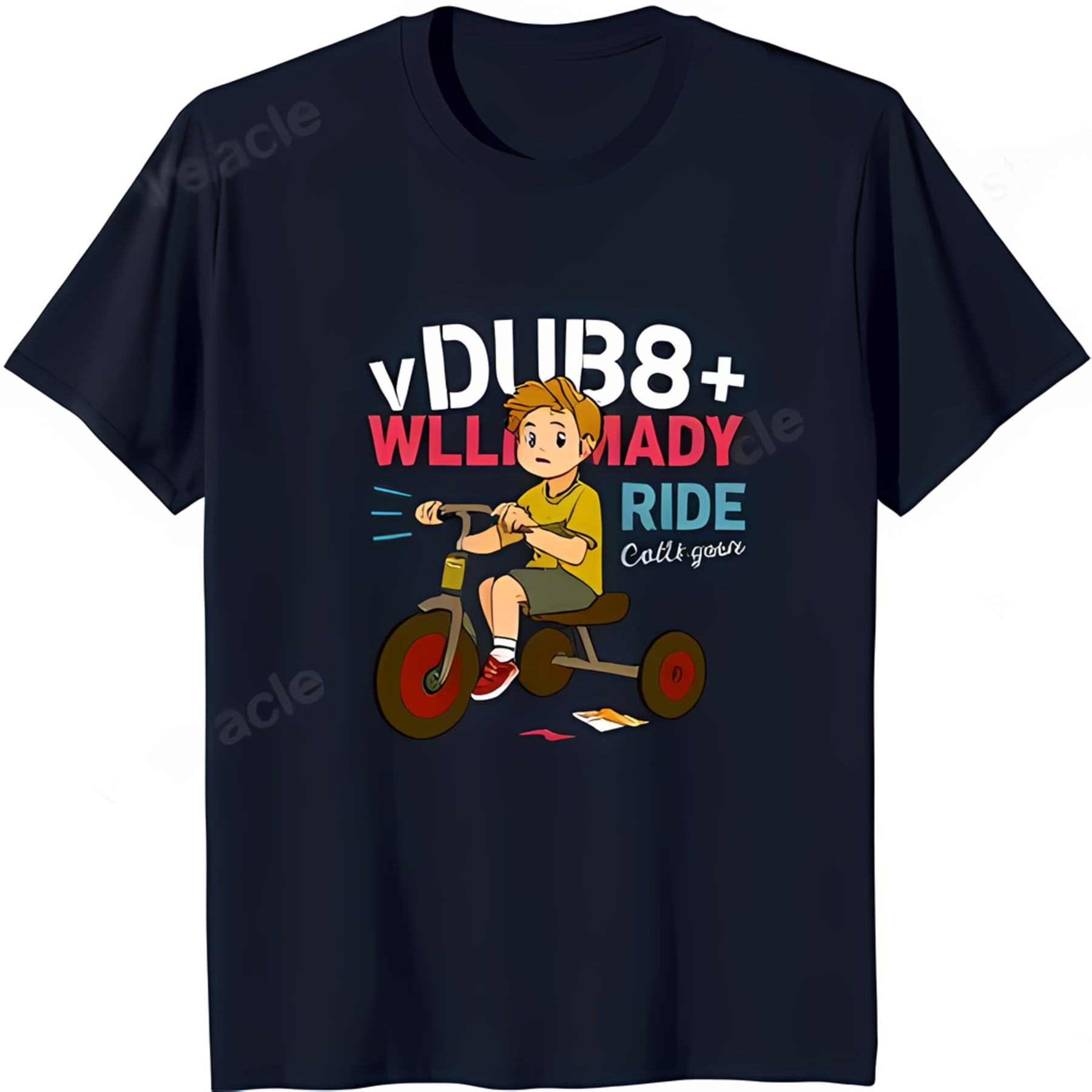 Playful Cartoon Boy on Tricycle Blue TShirt Fun & Energetic Design