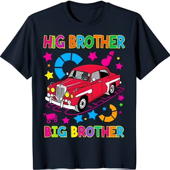 Playful Cartoon Car Big Brother T-Shirt for Blue with Rainbow Text