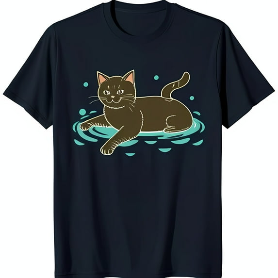 Playful Cartoon Cat Swimming in Pool Black T-Shirt Graphic