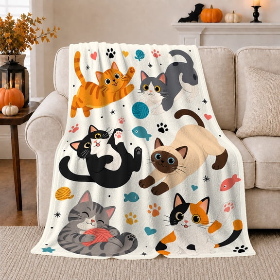 Playful Cartoon Cats Whimsical Illustration Cat Lover, Playful Pet Portrait Pattern, Warm Flannel Blanket for Living Room and Reading Nook, Cat Lovers Friendship Gift, Pet Lover Home Decor