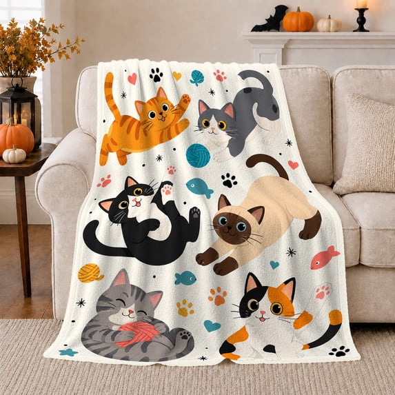 Playful Cartoon Cats Whimsical Illustration Cat Lover, Playful Pet Portrait Pattern, Warm Flannel Blanket for Living Room and Reading Nook, Cat Lovers Friendship Gift, Pet Lover Home Decor