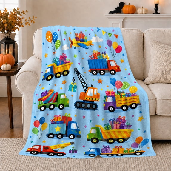 Playful Cartoon Construction Vehicles Delivering Gifts, Playful Artistic Scene, Warm Flannel Blanket for Home Library and Reading Nook, Bird Lovers Thank You Gift, Artistic Home Decor