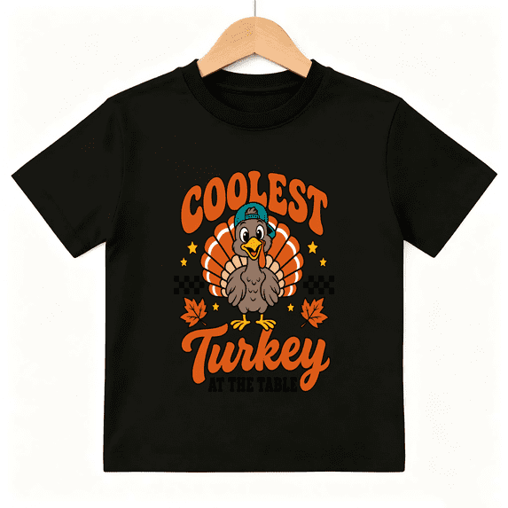 Playful Cartoon Coolest Turkey at the Table Fall Leaves Kids T-Shirt ...