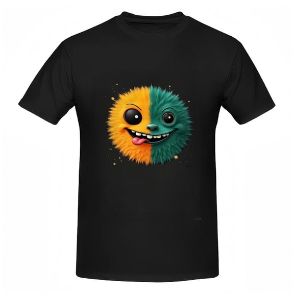 Playful Cartoon Creature Split Face Cotton Short Sleeve T-Shirt - Orange & Green Design with Fun Dots - Tee Tops for All Ages