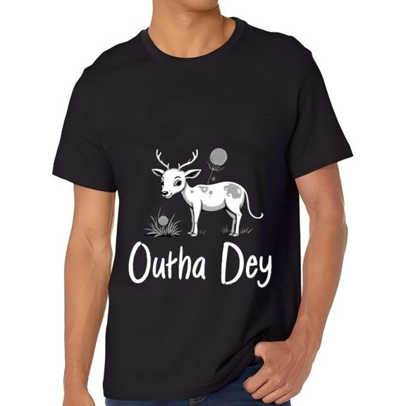 Playful Cartoon Deer Graphic Tee - Black Cotton Short Sleeve T-Shirt for Men with Whimsical Antlered Deer Holding Balloon - " Outha Devy " Design