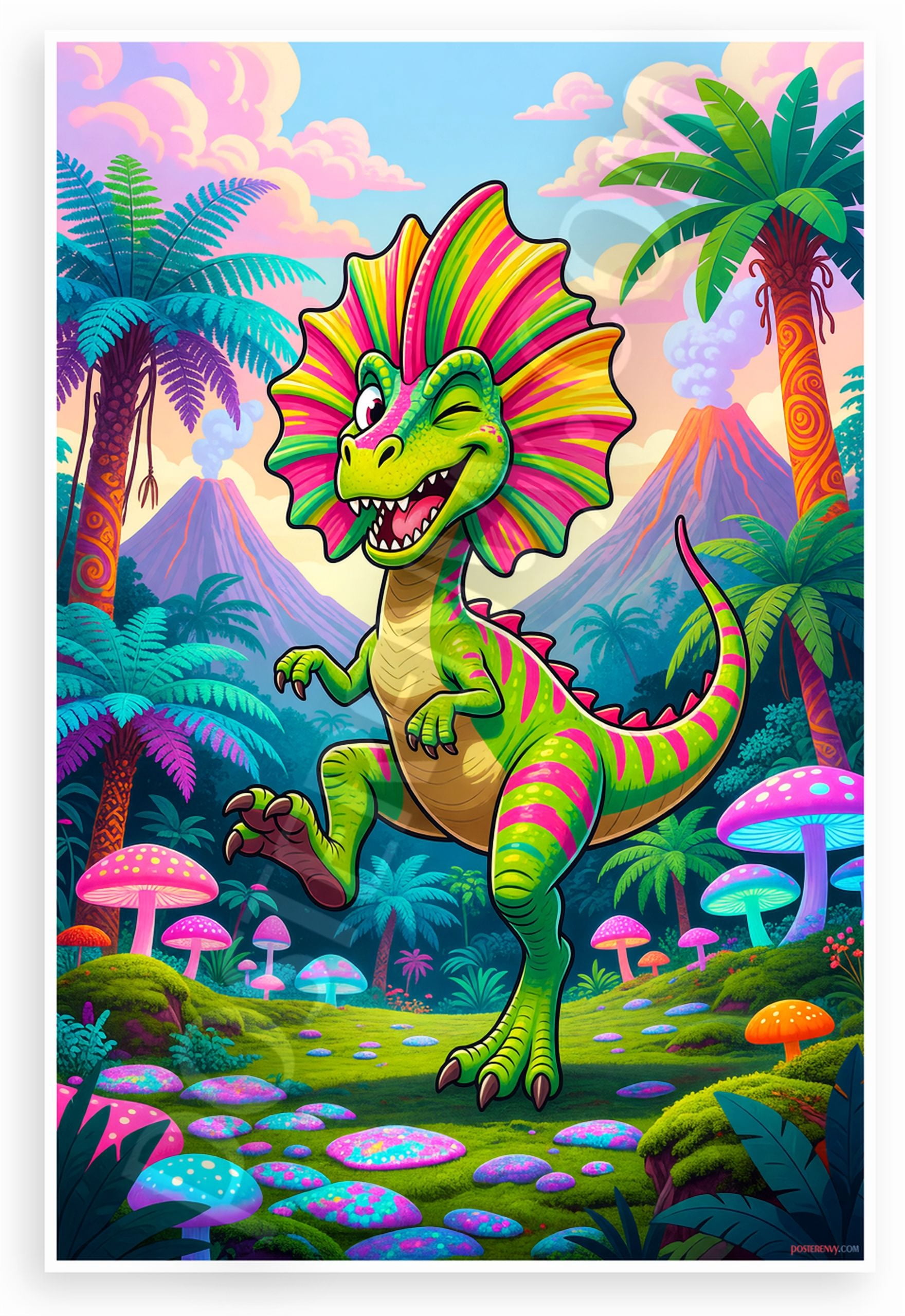 Playful Cartoon Dilophosaurus in Prehistoric Jungle 12x18 US Made ...