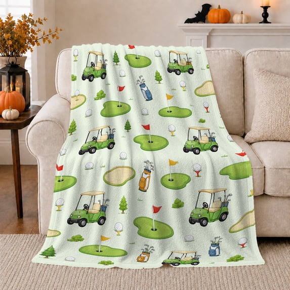 Playful Cartoon Golf Cart Pattern, Playful Golf Art Scene, Warm Flannel Blanket for Clubhouse and Game Room with Detailed Artwork, Golf Lovers Father's Day Gift, Artistic Home Decor