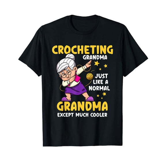 Playful Cartoon Grandma Crocheting T-Shirt for Craft Lovers and Humor Enthusiasts