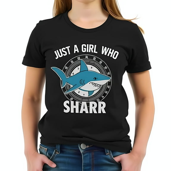 Playful Cartoon Graphic T-Shirt for Women - Design with 'JUST A GIRL WHO SHARR' - Casual Cotton Short Sleeve Tee