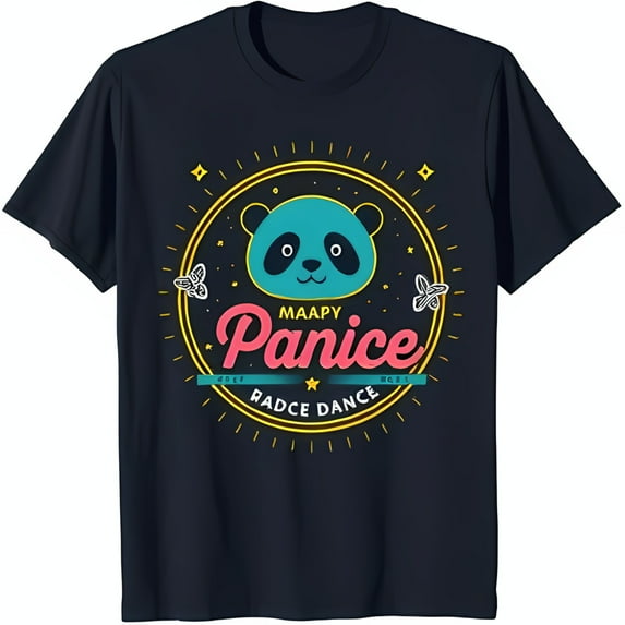 Playful Cartoon Panda T-Shirt Blue Pink Nose Panice Design with Butterflies