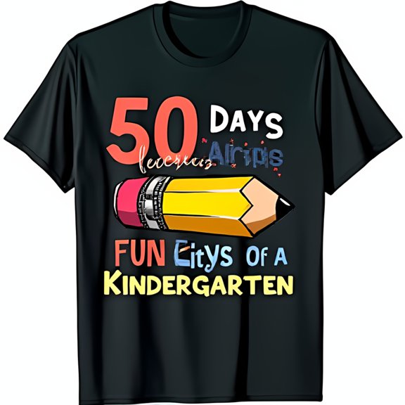 Playful Cartoon Pencil Design Black T-Shirt for Kindergarten Fun & Stylish