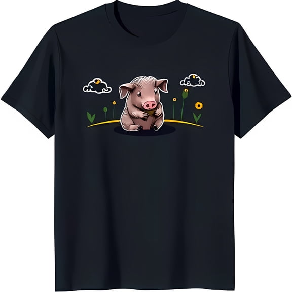 Playful Cartoon Pig with Acorn Graphic Black T-Shirt Fun & Relaxed Design
