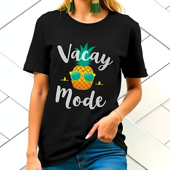 Playful Cartoon Pineapple Graphic T-Shirt - " Vacay Mode " Short Sleeve Cotton Tee for Summer Fun