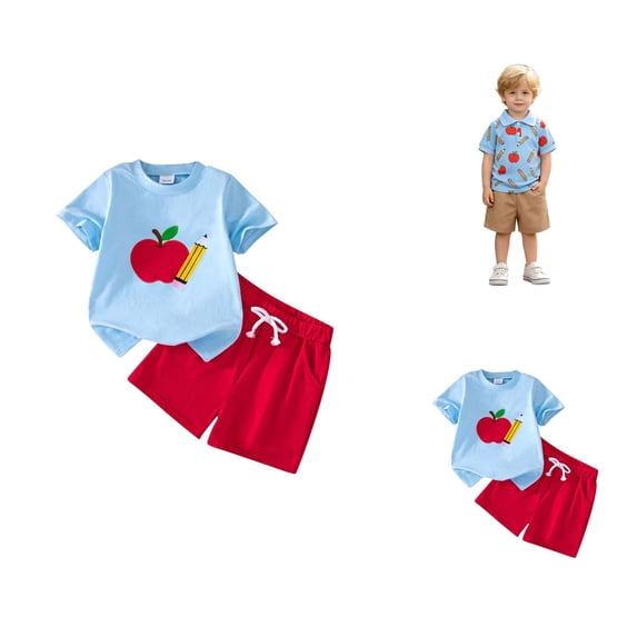 Playful Cartoon Print Kids Casual Short Sleeve Tee & Matching Shorts Two Piece Outfit For Back To School