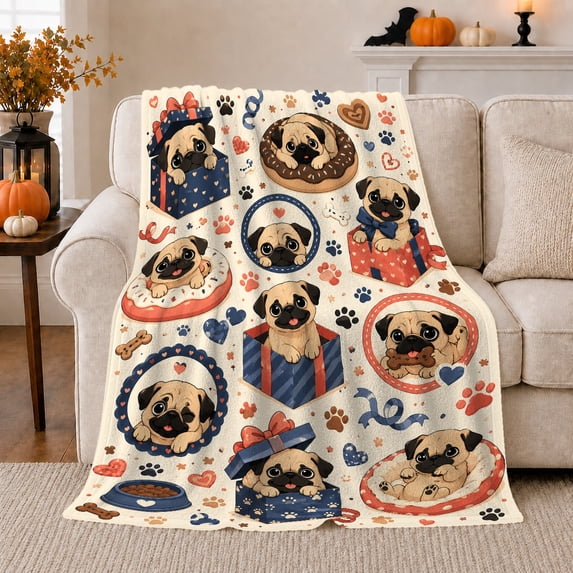 Playful Cartoon Pug Collage Scene Cheerful Dog Lover, Playful Pet Portrait Pattern, Warm Flannel Blanket for Living Room and Bedroom, Dog Moms Christmas Gift, Pet Lover Home Decor