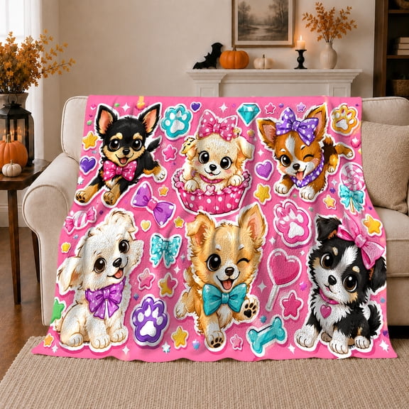 Playful Cartoon Puppies Amid Colorful Sweet Decorations, Cozy Flannel Blanket with Bright Cartoon Collage Print, Housewarming Gift for Cute Dog Enthusiasts, Home Decor for Bedroom and Living Room
