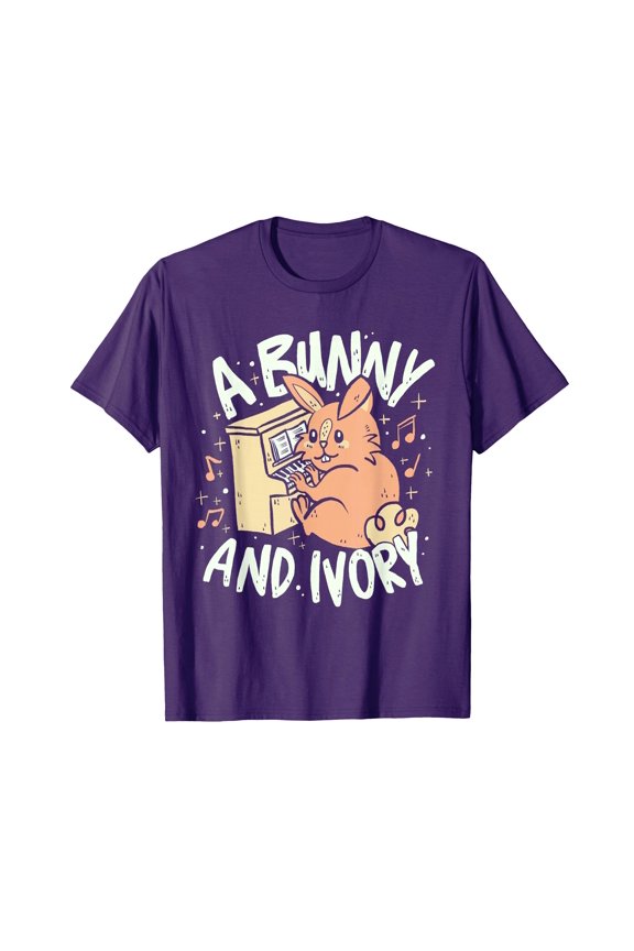 Playful Cartoon Rabbit on Piano Ebony and Ivory Pun T-Shirt for Music Lovers