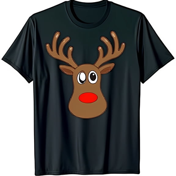 Playful Cartoon Reindeer Face Graphic on Classic Black T-Shirt Holiday