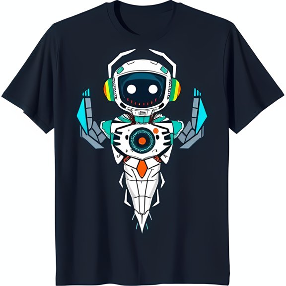 Playful Cartoon Robot Graphic on Black T-Shirt Fun & Futuristic Design