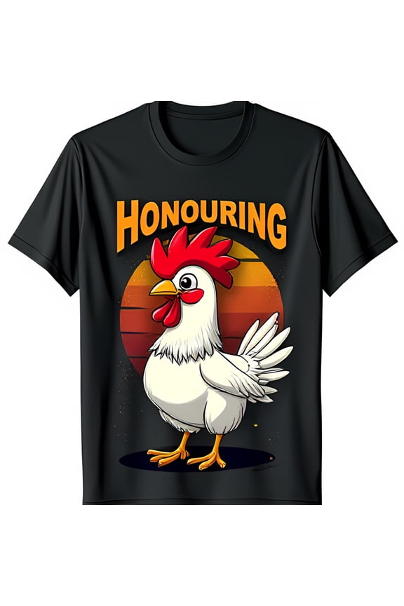 Playful Cartoon Rooster Graphic Black T-Shirt with Sunset Background 'Honouring' Text