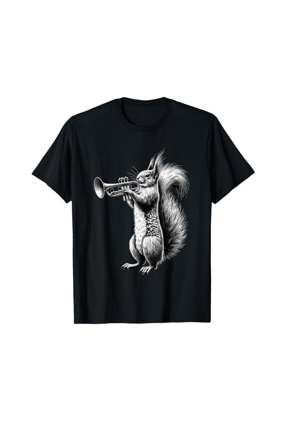 Playful Cartoon Squirrel Playing Trumpet T-Shirt for Music Lovers