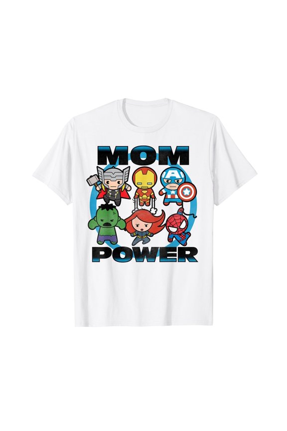 Playful Cartoon Superheroes Mom Power T-Shirt for Fun Mother's Day Celebrations