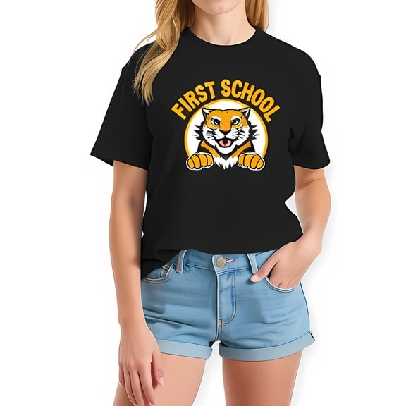 Playful Cartoon Tiger 'FIRST SCHOOL' Graphic T-Shirt for Adults - Short Sleeve Black Tee