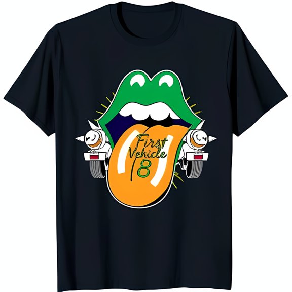 Playful Cartoon Tongue Graphic Black T-Shirt with Fun Vehicle Design