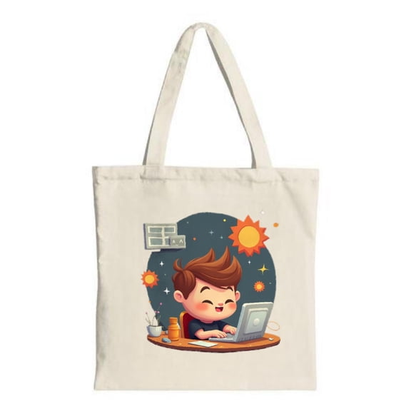 Playful Cartoon Tote Bag: Young at desk with laptop vibrant sun and stars perfect for shopping travel and parties