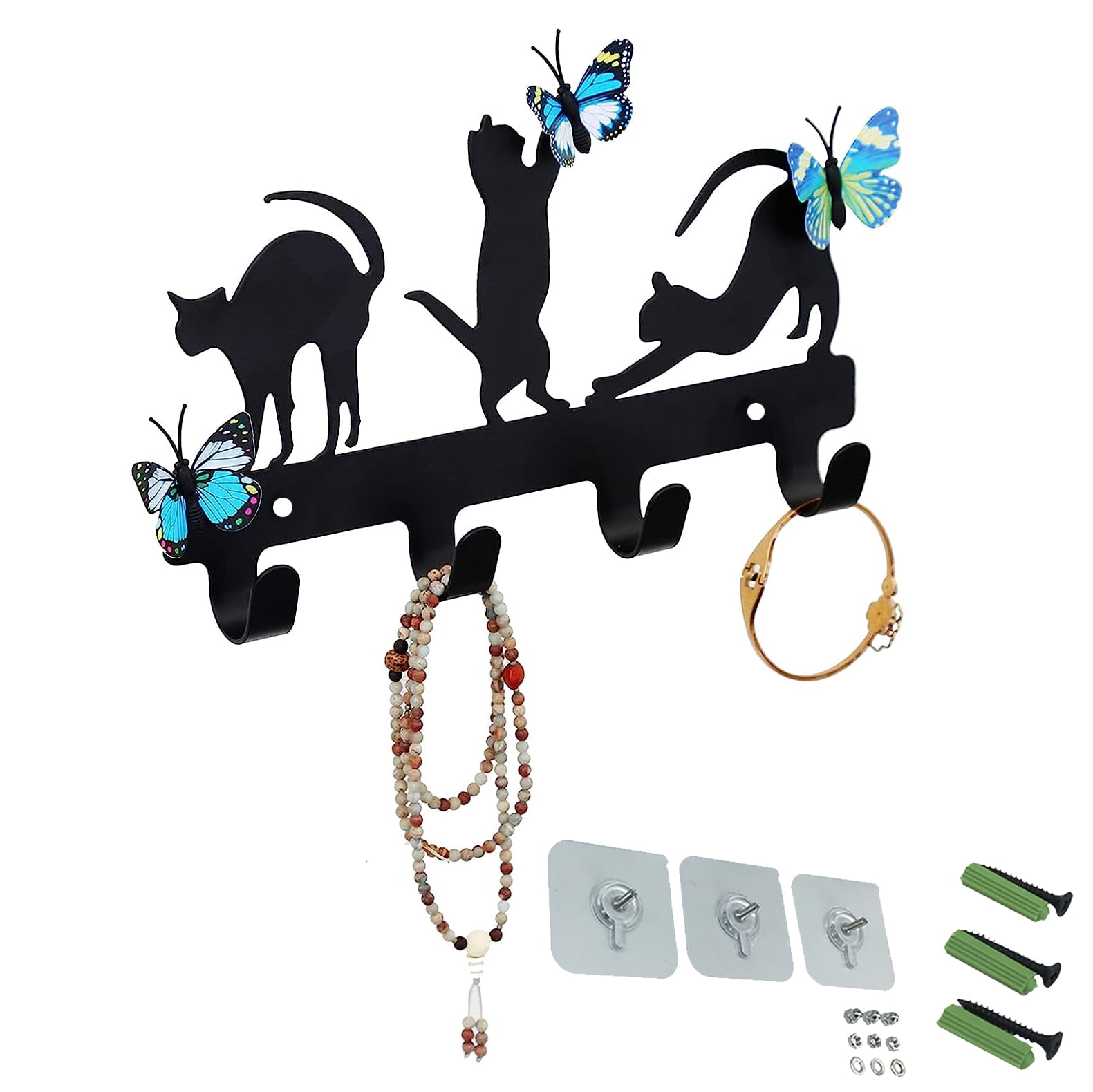 Playful Cat Buttefly Key Holder for Wall, Metal Hooks for Dog Leashes