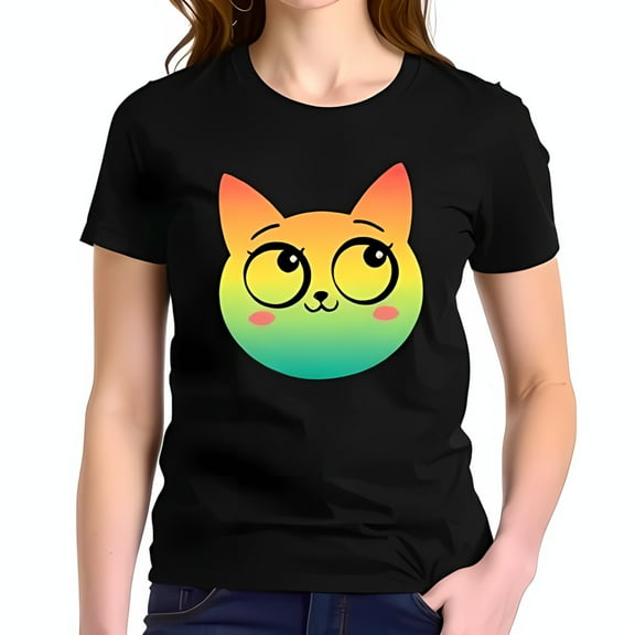Playful Cat Face Graphic T-Shirt - Gradient Orange to Green Oversized Eyes Blushing Cheeks Relaxed Fit Black Cotton Short Sleeve Tee