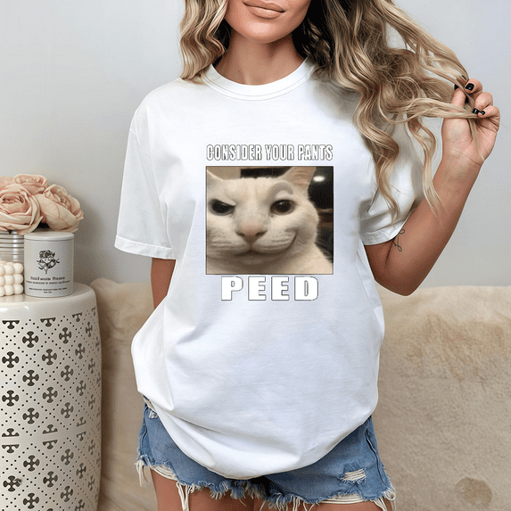 Playful Cat Meme Graphic Tee, Tops Has Centered "CONSIDER YOUR PANTS PEED" & Funny Cat Meme Design, Round Neck Regular Fit T - shirts, Size(S - 5XL)