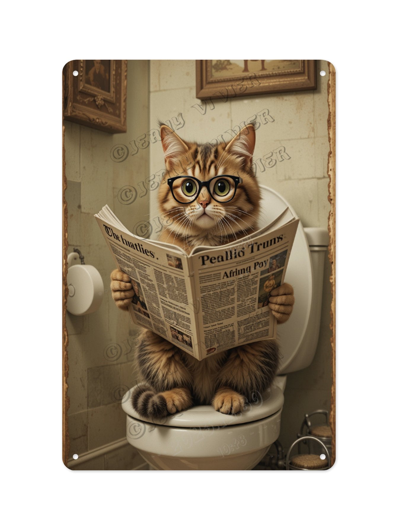 Playful Cat Reading Newspaper on the Toilet Aluminum Sign 8 x 12 Inches ...