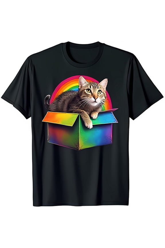 Playful Cat in Rainbow Box Graphic Black T-Shirt for Fun Fashion Lovers