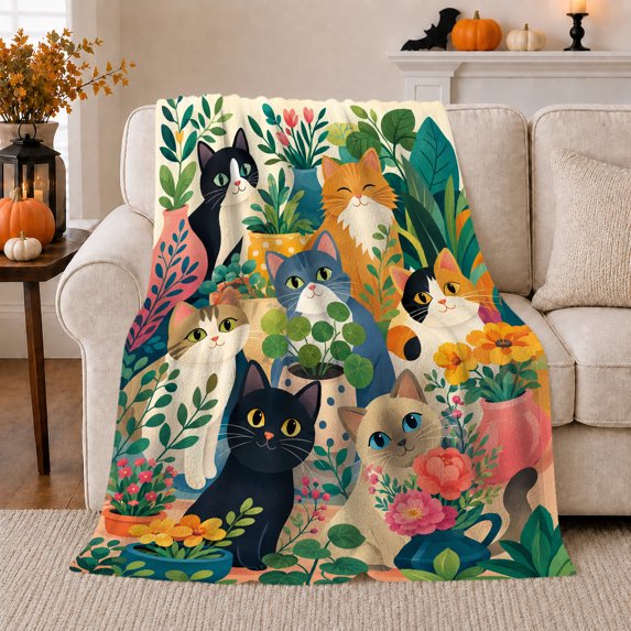 Playful Cats Among Potted Plants Whimsical, Playful Pet Portrait Pattern, Warm Flannel Blanket for Living Room and Reading Nook, Cat Lovers Friendship Gift, Pet Lover Home Decor