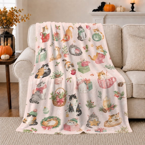Playful Cats Christmas Stockings Presents, Playful Pet Portrait Pattern, Warm Flannel Blanket for Living Room and Bedroom, Cat Lovers Christmas Gift, Pet Lover Home Decor
