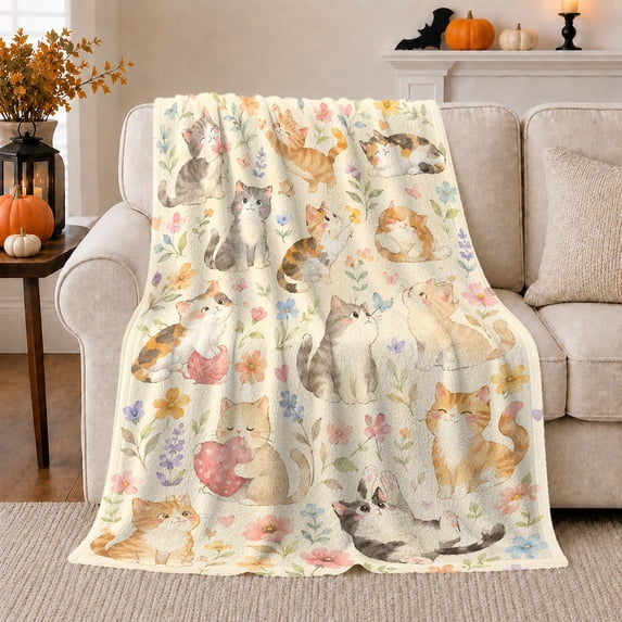 Playful Cats Heart Among Autumn Flowers Watercolor, Playful Pet Portrait Pattern, Warm Flannel Blanket for Living Room and Bedroom, Cat Lovers Thanksgiving Gift, Pet Lover Home Decor