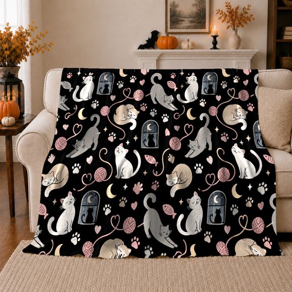 Playful Cats Yarn Hearts Whimsical, Playful Pet Portrait Pattern, Warm Flannel Blanket for Living Room and Bedroom, Cat Lovers Just Because Gift, Pet Lover Home Decor