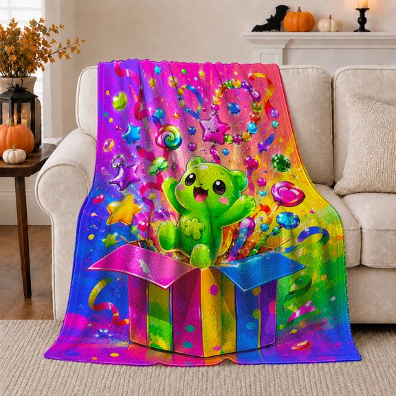 Playful Celebration Green Character Box Pattern, Playful Artistic Scene, Warm Flannel Blanket for Living Room and Bedroom, Art Lovers Housewarming Gift, Artistic Home Decor