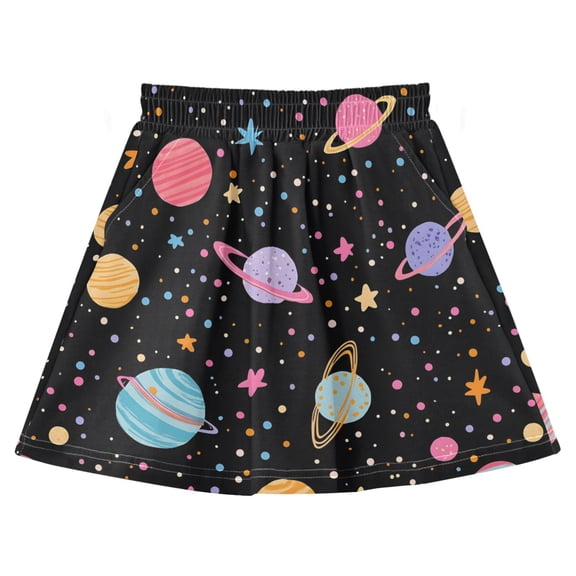 Playful Celestial Pattern Print Cotton Skirt Built-in Liner Elastic A-Line Flared Skirt with Pockets